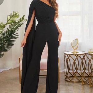 Black one shoulder cape jumpsuit